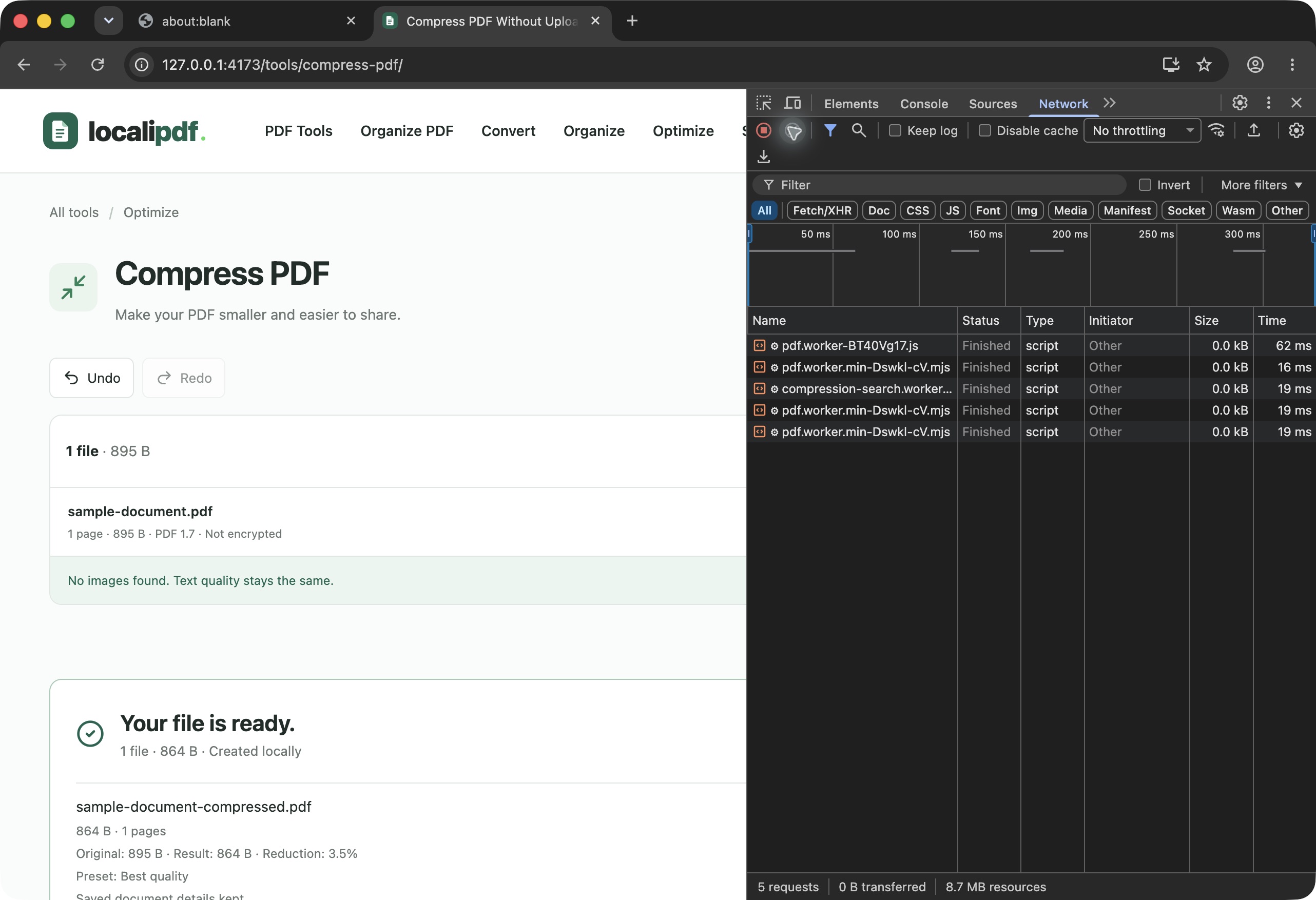 Localipdf compression result beside Chromium’s Network panel, showing requests for app workers.