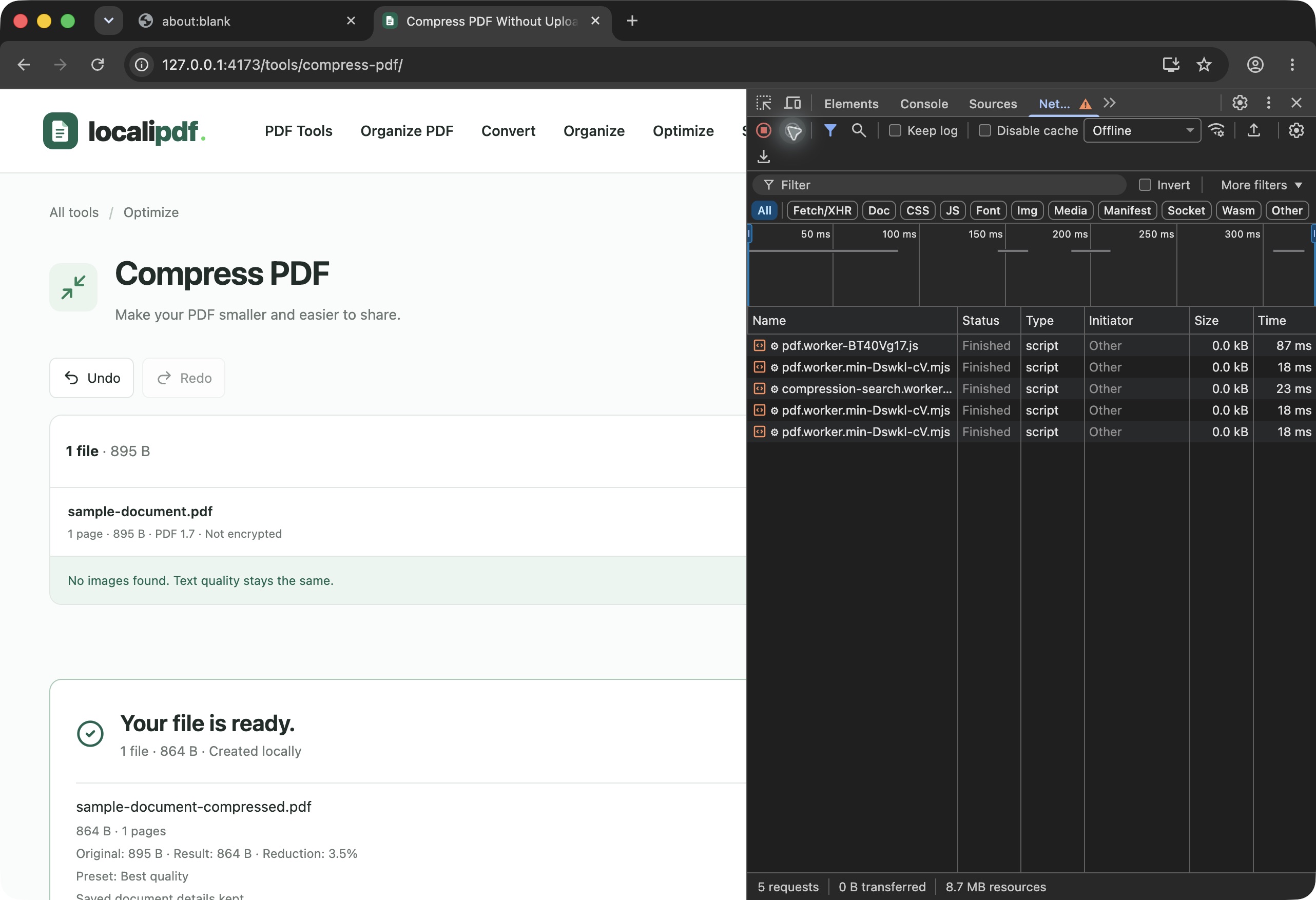 Localipdf compression result beside Chromium’s Network panel with Offline selected.